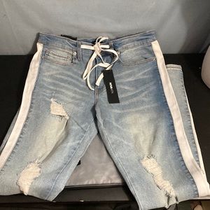 Nova Men Teek racing stripe skinny jeans medium wash